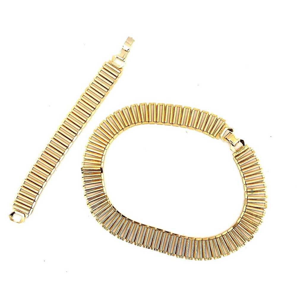 Brushed Gold Tone Wide Link Necklace & Bracelet Set Hinged Chunky 16” 7.5" Y2K